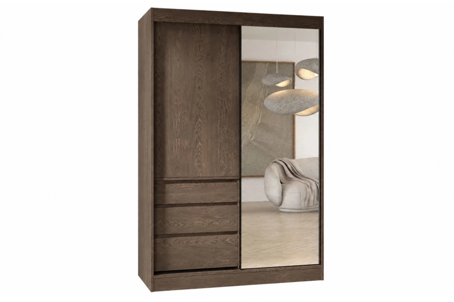 Dunkelbrauner Schwebetürenschrank mit Spiegel und 3 Schubladen für das Schlafzimmer.