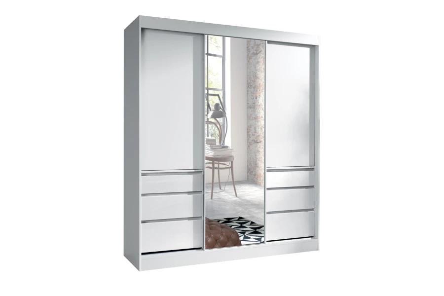 Weißer 3-türiger Schwebetürenschrank mit Spiegel und 6 Schubladen für viel Stauraum.