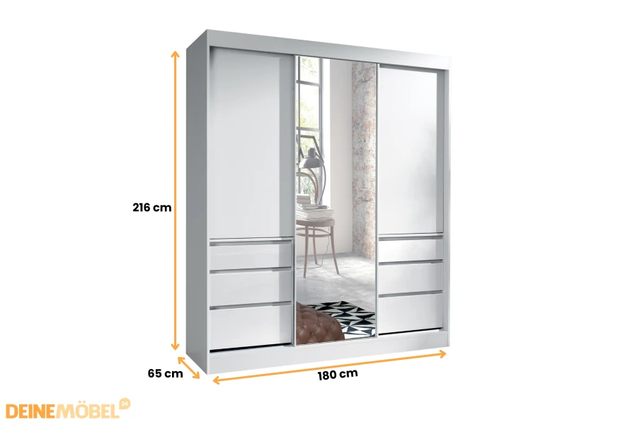 Afmetingen witte kledingkast: 180cm breedte, 216cm hoogte, 65cm diepte voor de planning.