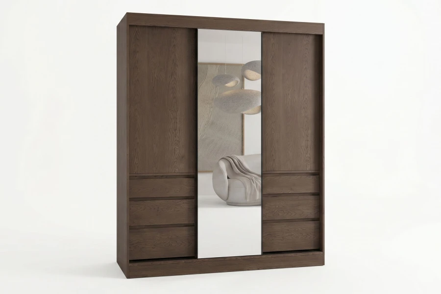 Dunkler Kleiderschrank mit Spiegeltür und Schubladen vor weißem Hintergrund.