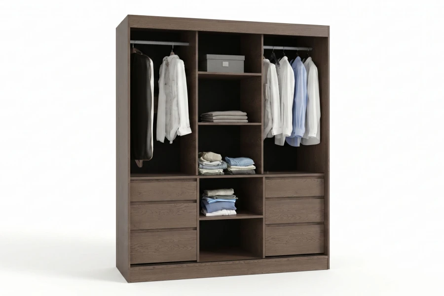 Binnenaanzicht van de kledingkast met kledingroedes, planken en netjes gesorteerde kleding.