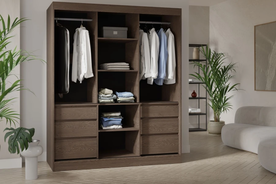 Offener Schwebetürenschrank in einem modernen Wohnzimmer mit Pflanzen und hellem Boden.