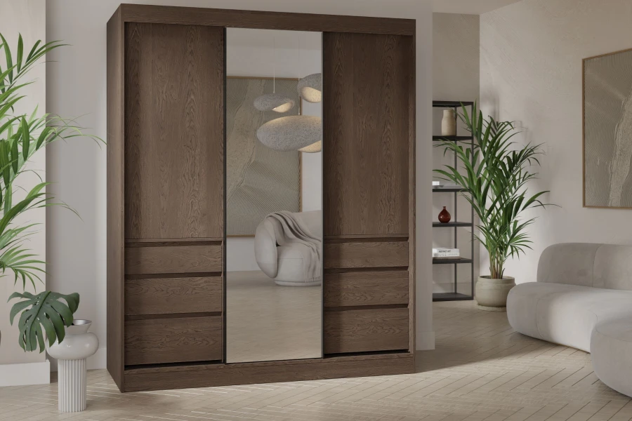 Geschlossener dunkler Kleiderschrank mit großem Spiegel in stilvollem Wohnambiente.