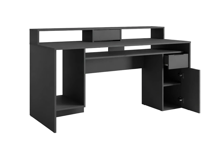 Anthrazitfarbener Gaming-Schreibtisch mit Monitoraufsatz, offener Schublade und Schrankfach.