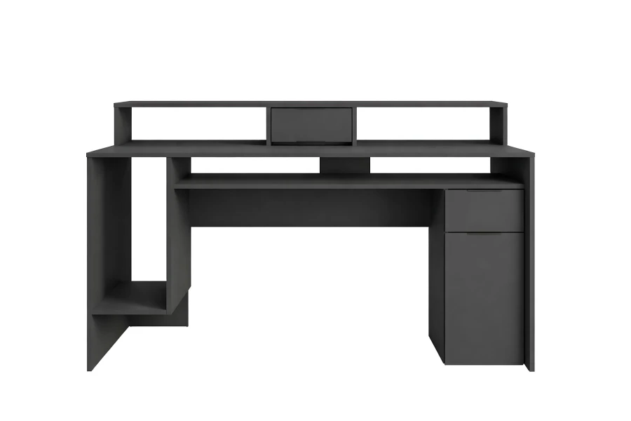 Frontansicht eines modernen Gaming-Tisches in Dunkelgrau mit integrierter Monitorerhöhung.