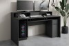 Nahaufnahme eines Gaming-Setups auf einem anthrazitfarbenen Schreibtisch mit zwei Bildschirmen.