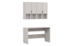 Modulares Büromöbel-Set in Beige mit Hängeschrank, Regalen und passendem Schreibtisch, Seitenansicht.