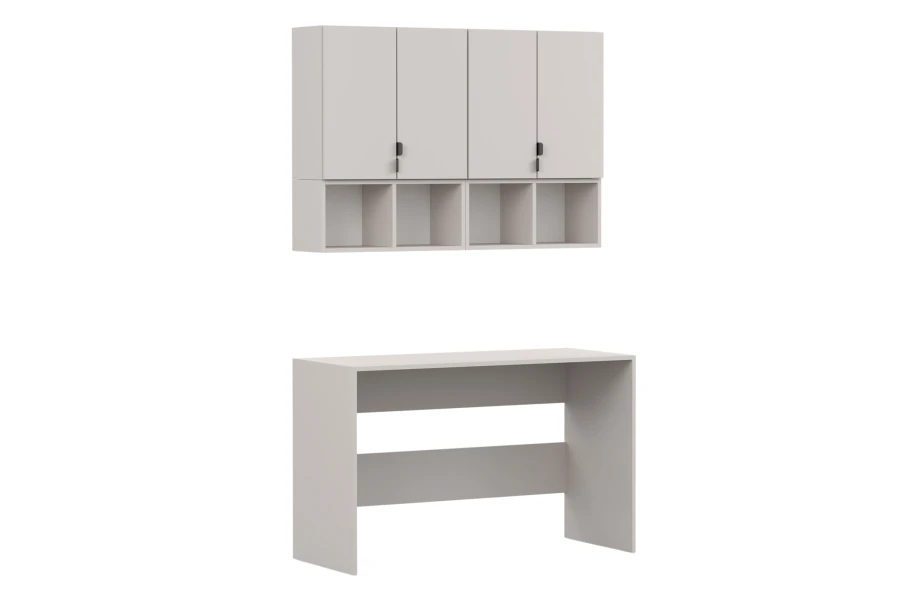 Modulares Büromöbel-Set in Beige mit Hängeschrank, Regalen und passendem Schreibtisch, Seitenansicht.