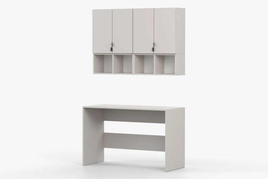 Beige Büromöbel-Kombination bestehend aus Wandschrank mit Fächern und Schreibtisch, 3D-Ansicht.