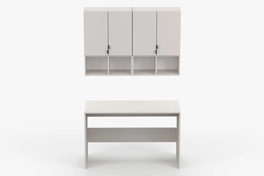 Frontansicht eines beigen Möbelsets mit Hängeschrank und Schreibtisch für das Heimbüro.