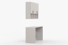 Beiges Schreibtisch-Set mit Hängeschrank und offenen Regalfächern in minimalistischem Design.