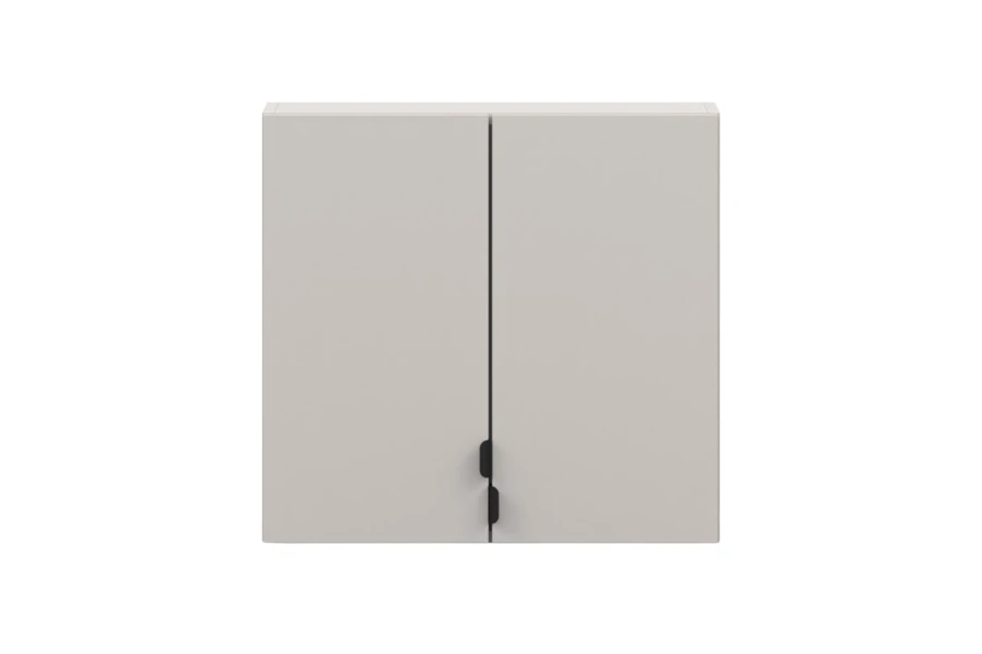 Modern grey wall cabinet with two doors and black handles in front view.