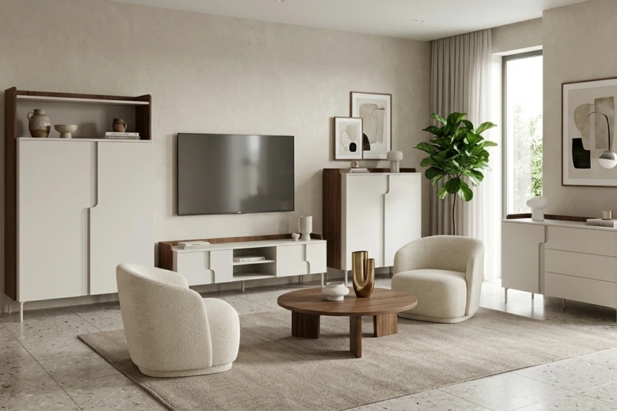 Komplettes Wohnzimmer-Ensemble mit beigen Schränken und Polstersesseln.