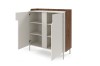 Offenes Sideboard in Beige mit dunkler Holzoptik und drei Regalfächern.