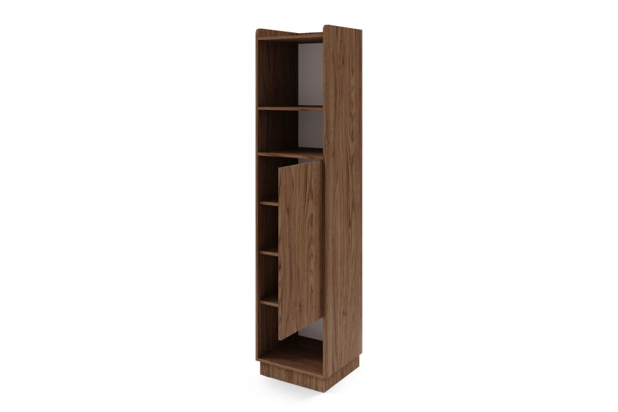 Dunkler schmaler Holzschrank mit geöffneter Tür und sichtbaren Innenfächern.