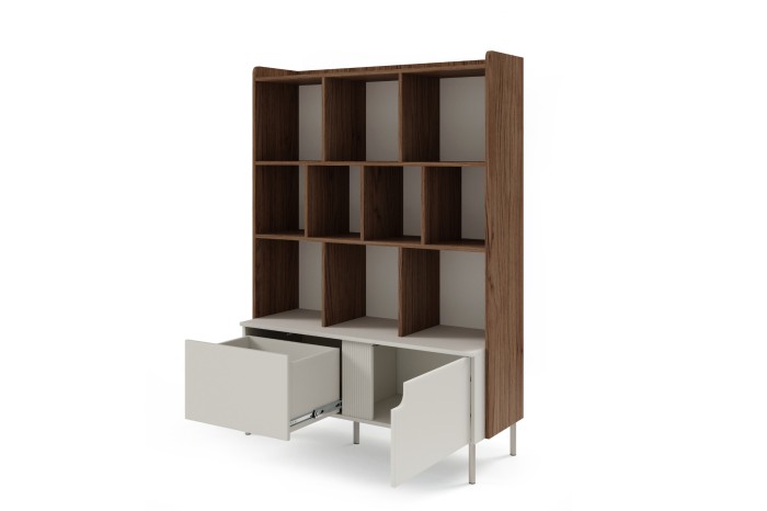 Dunkles Nussbaum-Bücherregal mit weißen, geöffneten Schubladen und Türen.