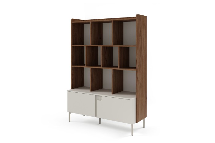 Modernes Standregal in Walnuss-Optik mit weißen Schranktüren und Metallfüßen für das Wohnzimmer.