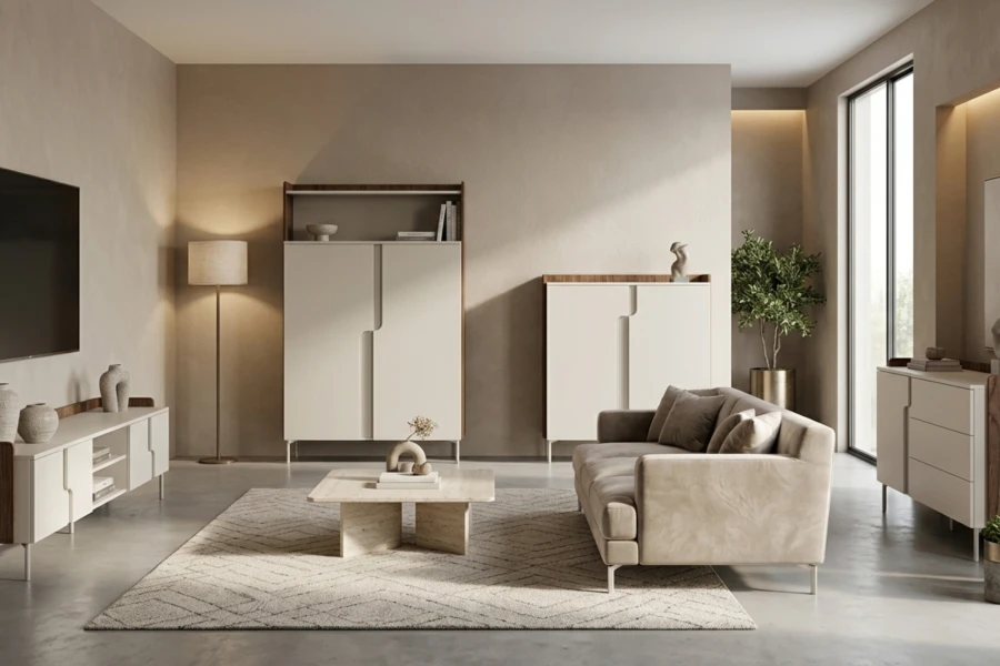 Modernes Wohnzimmer mit Pauro Möbeln in Kaschmir und Alba Nussbaum mit beigem Sofa.