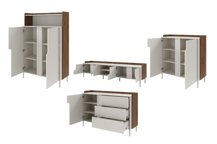 Moderne Wohnzimmermöbel in Beige und Nussbaum: Geöffnete Kommoden und Schränke zeigen praktischen Stauraum.