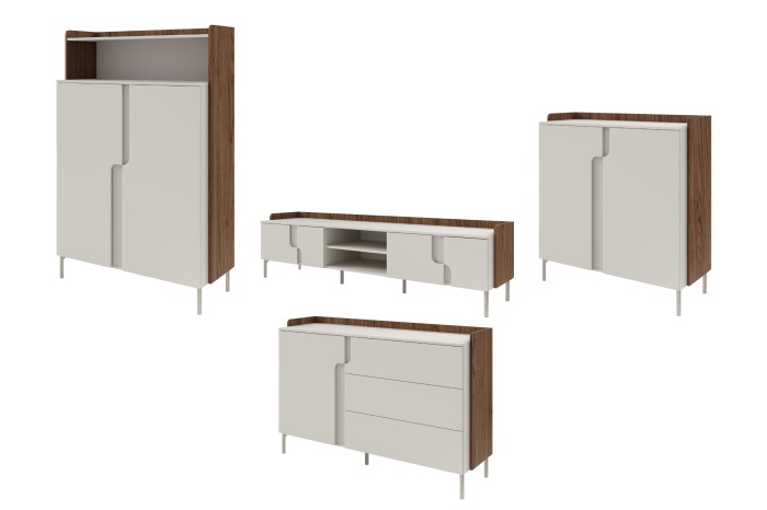 Elegantes Möbelset in Beige und dunkler Holzoptik: Geschlossene Ansicht der vierteiligen Wohnzimmer-Serie.