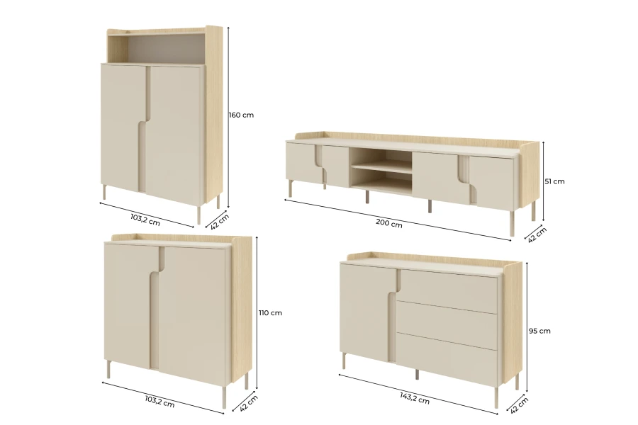 Maßangaben für vierteiliges Wohnzimmermöbel-Set in Beige und heller Eiche.