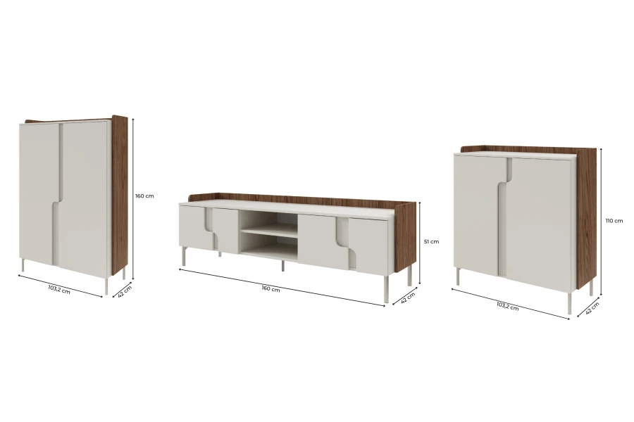 Abmessungen der Möbelstücke: Maße für Schrank und Sideboard in cm.