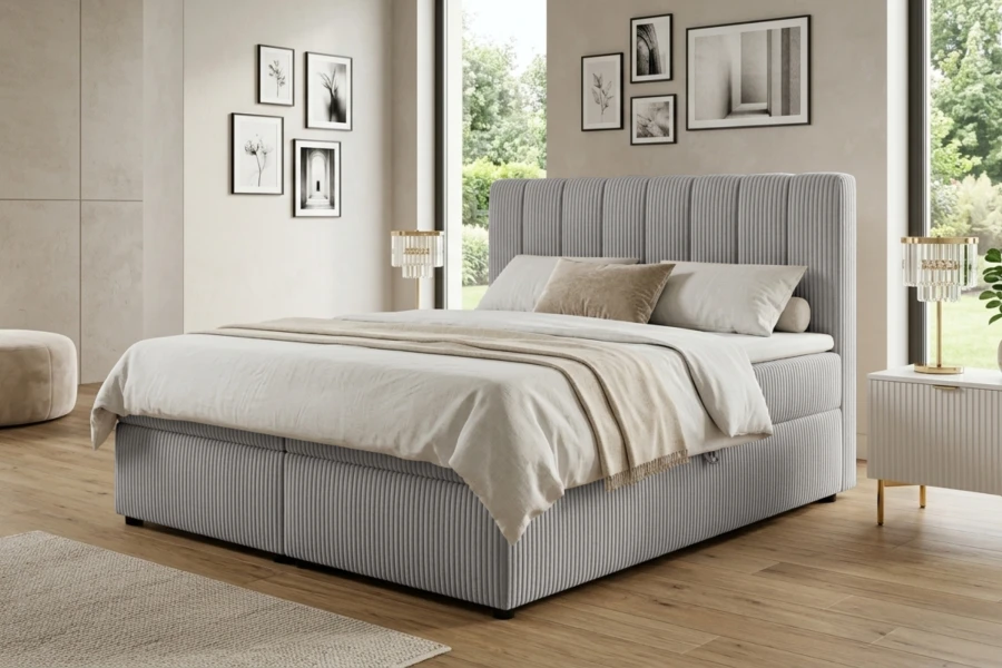 Gemütliches Schlafzimmer mit hellgrauem Boxspringbett in Cord-Optik und stilvoller Dekoration.
