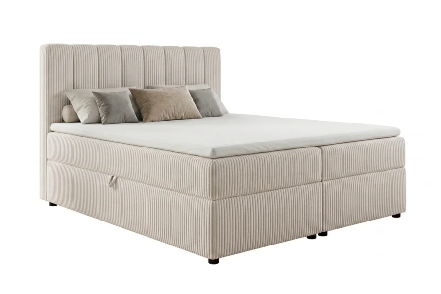 Modernes Boxspringbett mit geripptem Stoffbezug in Beige auf weißem Hintergrund.