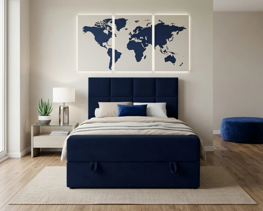 Dunkelblaues Polsterbett Frontansicht mit gemütlicher Bettwäsche im modernen Schlafzimmer.