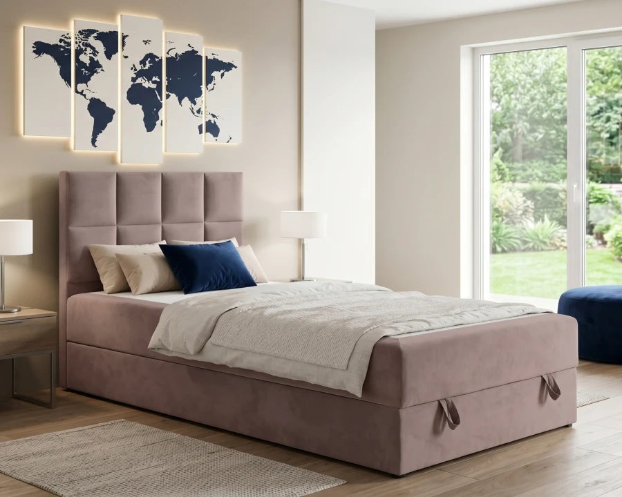 Modernes Polsterbett in Altrosa mit gestepptem Kopfteil in einem hellen Schlafzimmer.