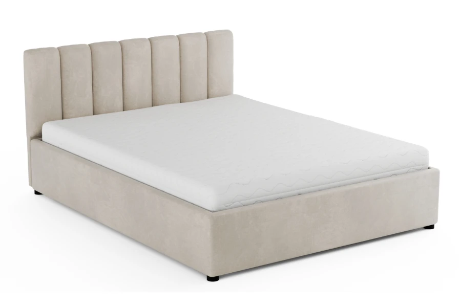 Modernes Polsterbett in Beige mit vertikal gestepptem Kopfteil und weißer Matratze.