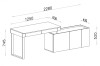 Maßzeichnung eines modernen Schreibtisches mit Sideboard zur Veranschaulichung der Abmessungen.
