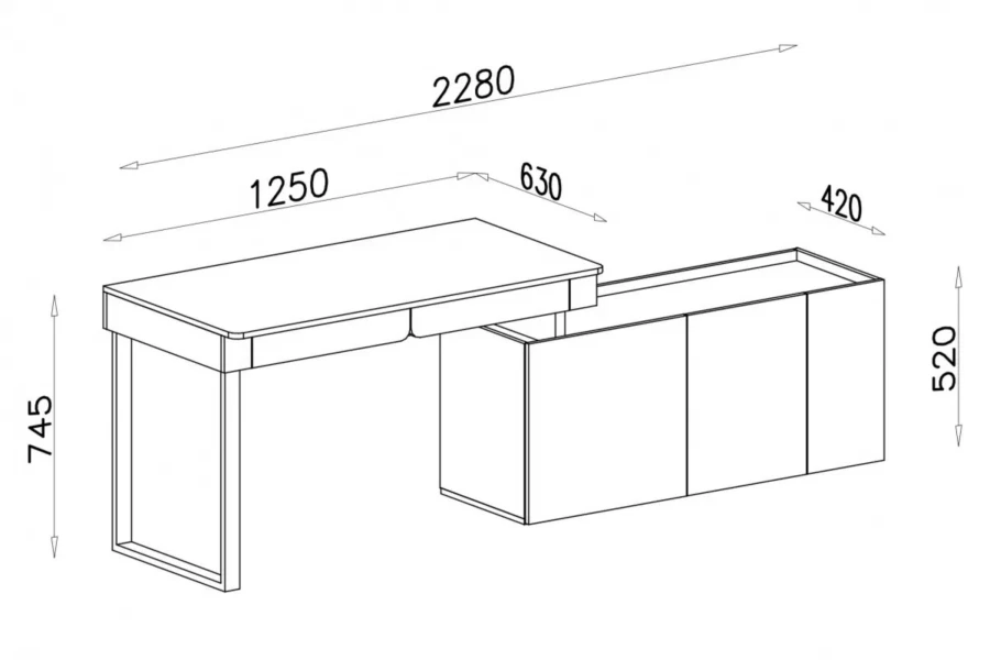 Dimensioned drawing of a modern desk with sideboard to illustrate the dimensions.