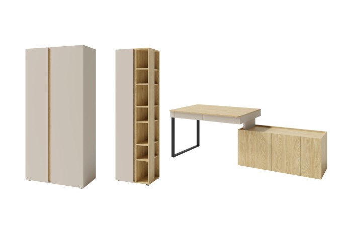 Set aus Kleiderschrank, hohem Regal und Schreibtisch mit Sideboard aus der LIBU Serie in Eiche-Beige.