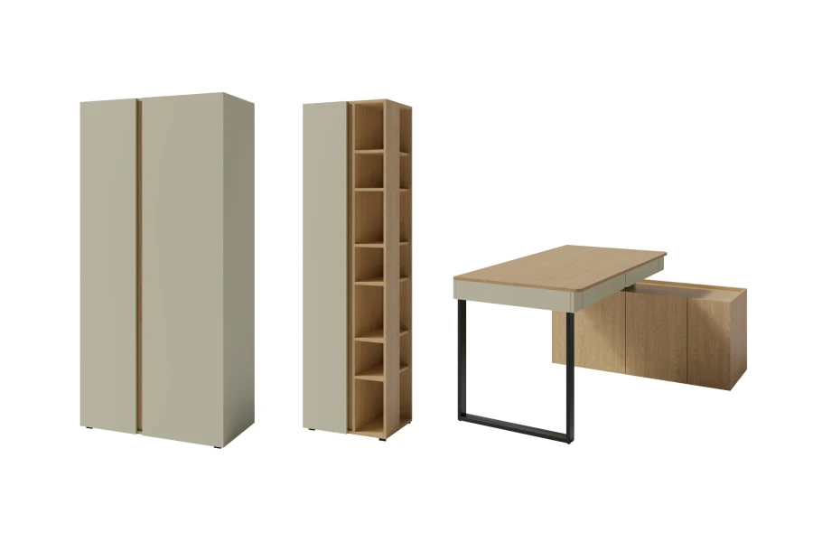 Modern desk with sideboard and matching cabinet furniture in wood look.