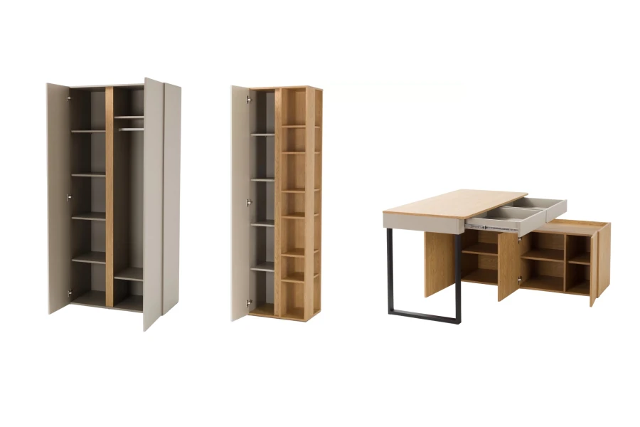 Set aus Kleiderschrank, Regal und Schreibtisch – Ansicht mit offenen Türen und Schubladen.