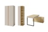 Timeless office set with wardrobe, shelf and corner desk in light beige and wood.