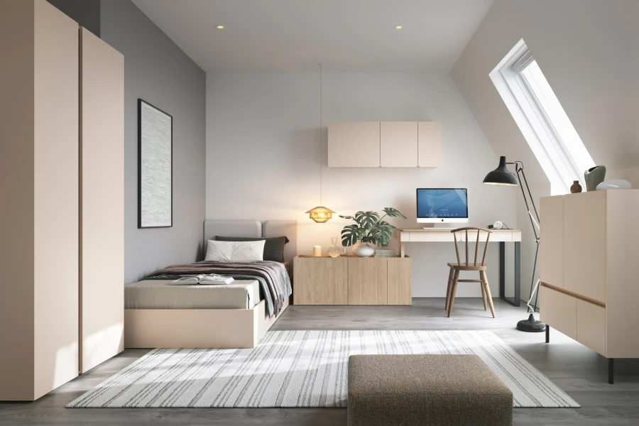 Modernes Schlafzimmer in Beige und Holz mit Schreibtisch und Dachfenster im Loft-Stil.