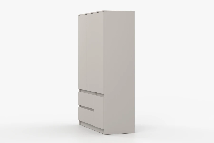 Side view of a modern beige-coloured wardrobe with three doors and integrated drawers.