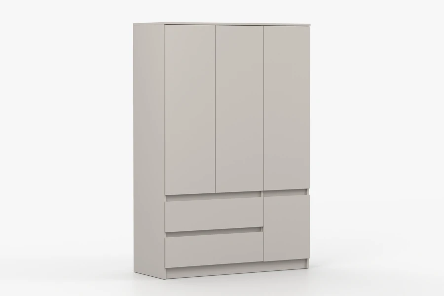 Zijaanzicht van een moderne beige kledingkast voor de slaapkamer.
