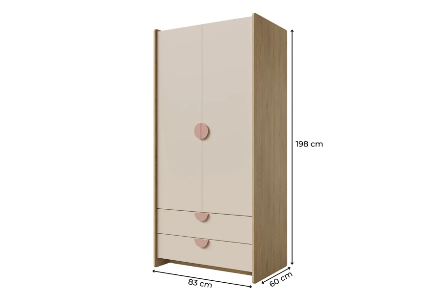 Maße des Lexo Kleiderschranks: 198x83x60 cm, beige-rosa Design.
