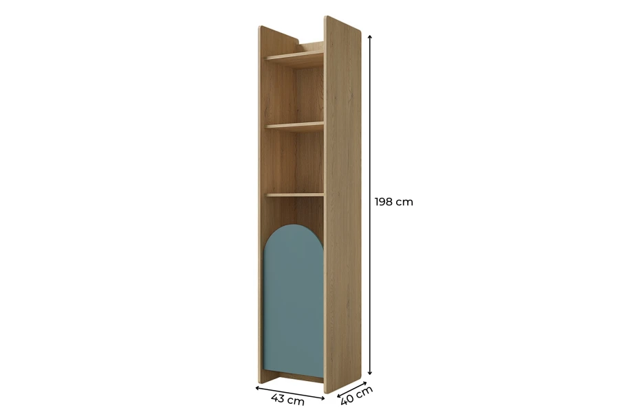 Schmales Standregal Lexo mit drei offenen Fächern und blauer Bogentür, Maße: 43x198x40 cm.
