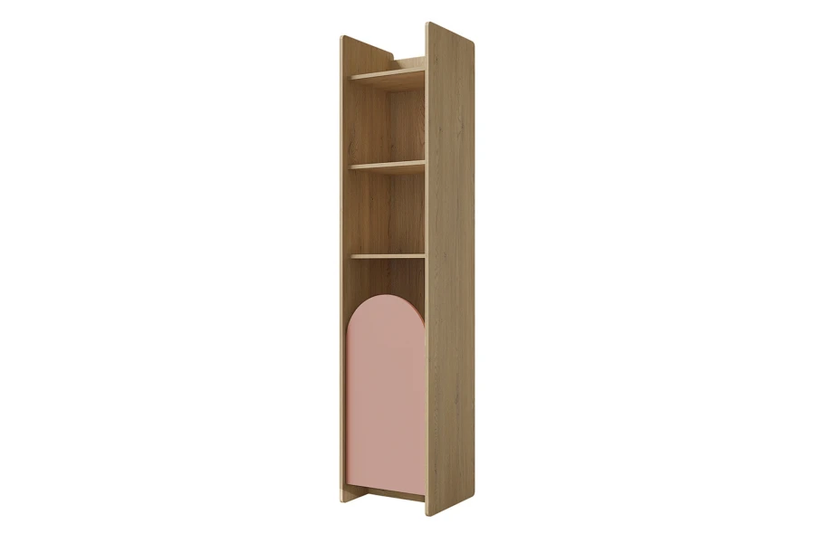 Schmales Lexo Standregal in Eiche mit einer rosa Bogentür.