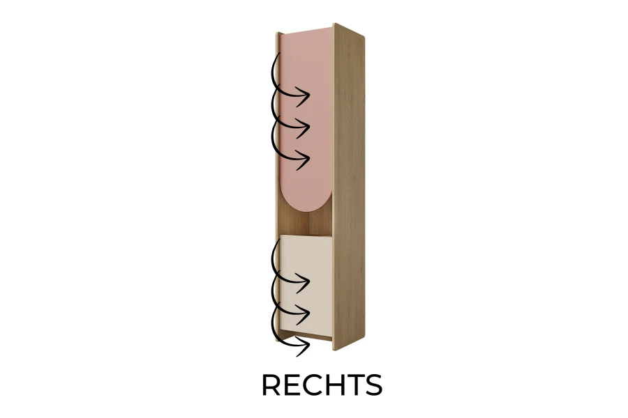 Hohes Kinderregal in Eiche und Rosa, Türen mit Rechtsanschlag montierbar.