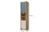 Schmales Standregal mit Abmessungen 198cm x 43cm x 40cm in Eiche-Optik mit blauen Akzenten.