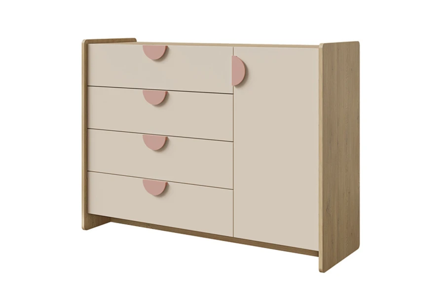 Lexo Kommode in Eiche und Hellbeige mit dekorativen rosa Griffen.