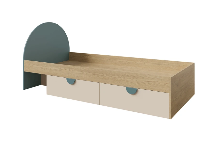 Modernes Einzelbett Lexo in Blau und Eiche-Optik mit zwei geräumigen Bettschubkästen.