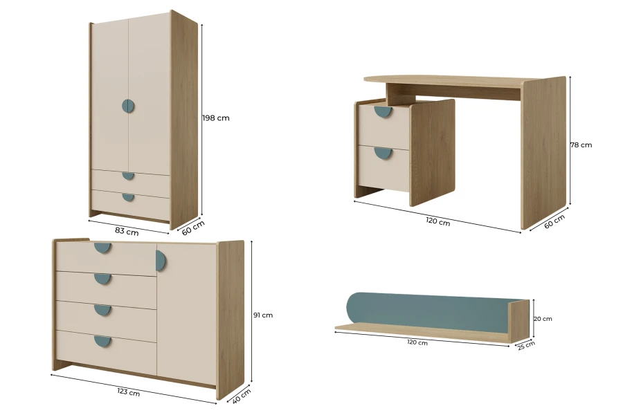 Maßzeichnungen für Lexo Jugendmöbel: Kleiderschrank, Schreibtisch, Kommode und Wandregal.