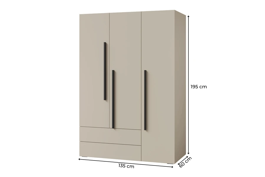 Dreitüriger Kleiderschrank Lima in Beige mit schwarzen Griffen, Maße 135x195x60 cm für das Jugendzimmer.