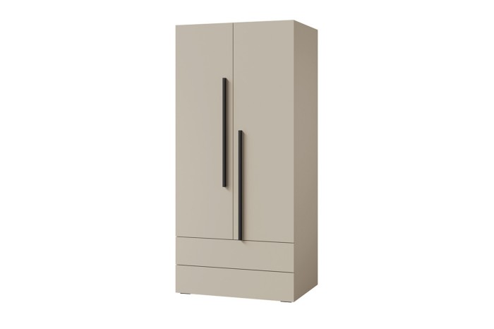 Zweitüriger Kleiderschrank in Beige mit langen schwarzen Griffen und zwei Schubladen unten.